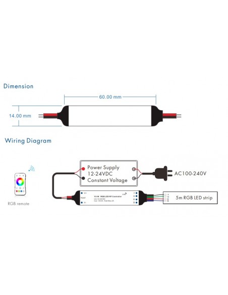 Mini RGB RF remote controlled LED dimmer (controller) V3-W