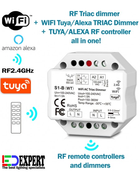S1-B-WT AC TRIAC RF + Push button Dimmer TUYA WIFI Alexa