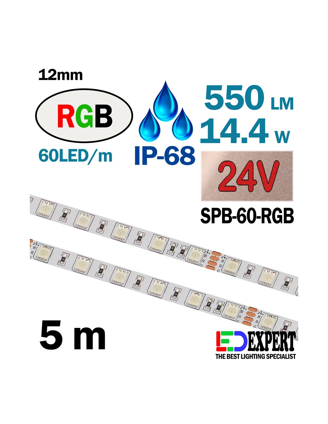 5M - 24V RGB - IP68 - FULL WATERPROOF - IP68 - 60 LED/M - SPB-60-68-RGB