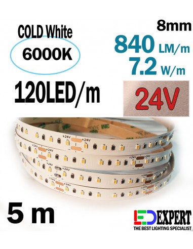 Low Bright -120 LED/m - 8mm 24V LED Strip - 840 lumen/m -  Cold White