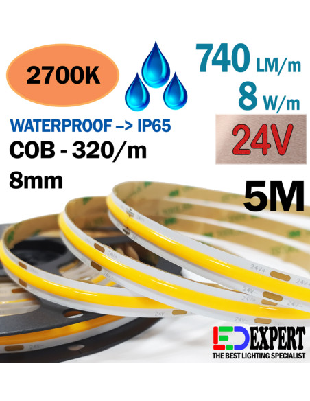 8mm IP66 2700K COB LED Strip 740lumen