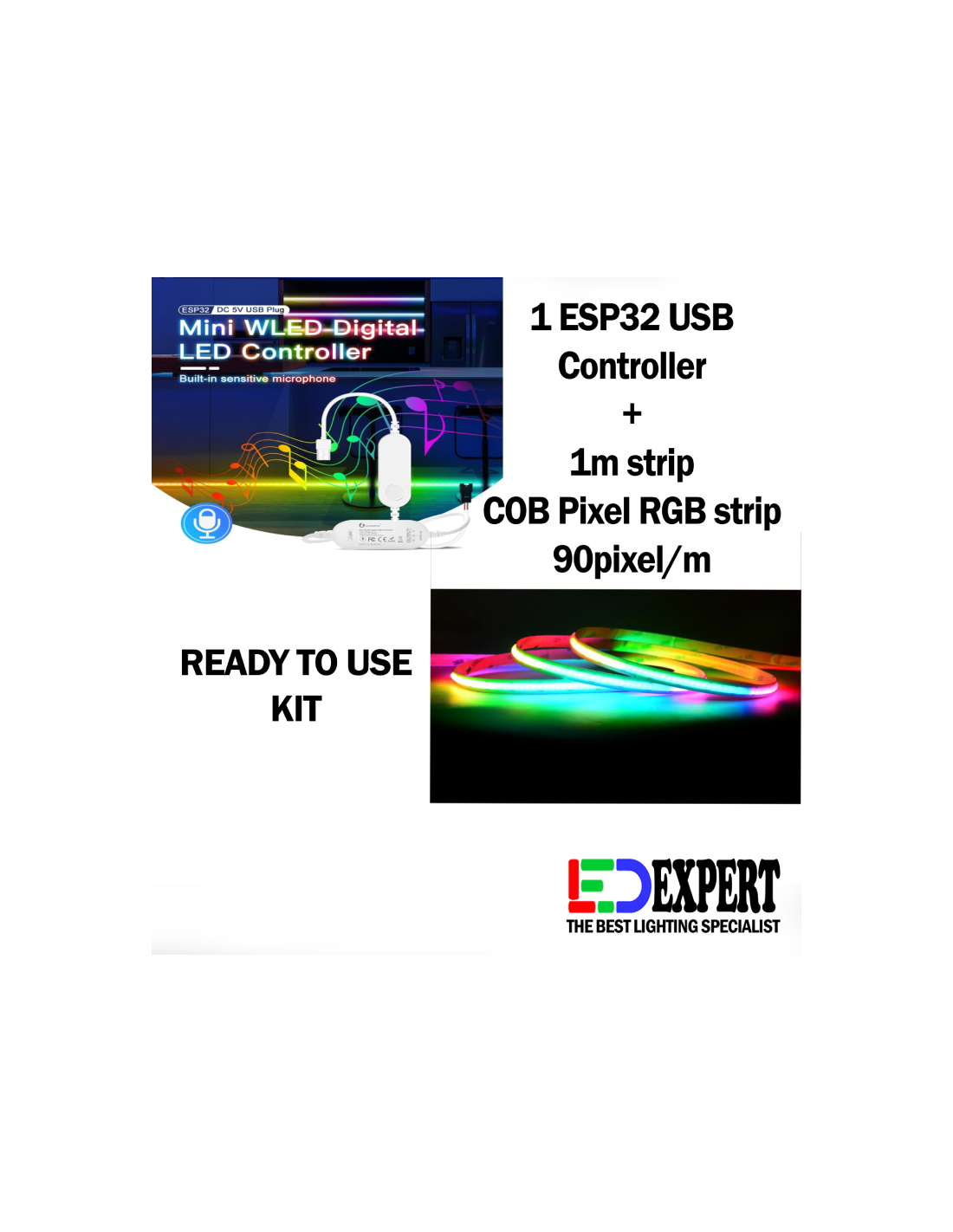 WLED COB DIGITAL LED STRIP KIT RGB 5V Magic RGBIC - 90 PIXELS PER M