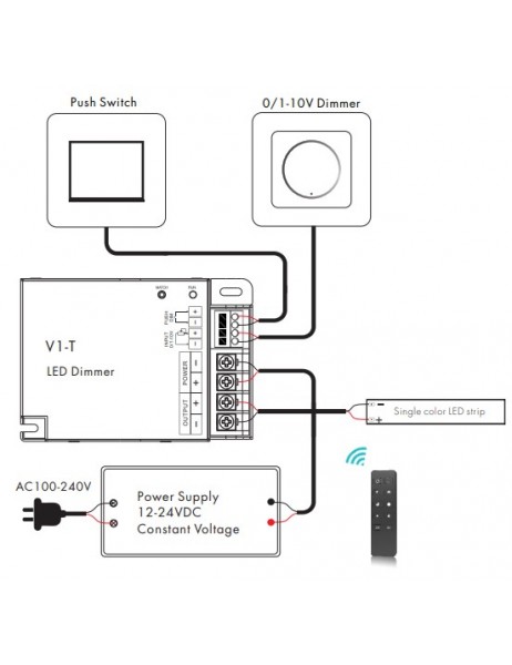 V1-T 20A single color RF RF LED dimmer connections