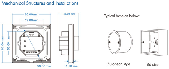 T18-2 0-10V 1-10V Rotary Wall switch - mechanical drawings